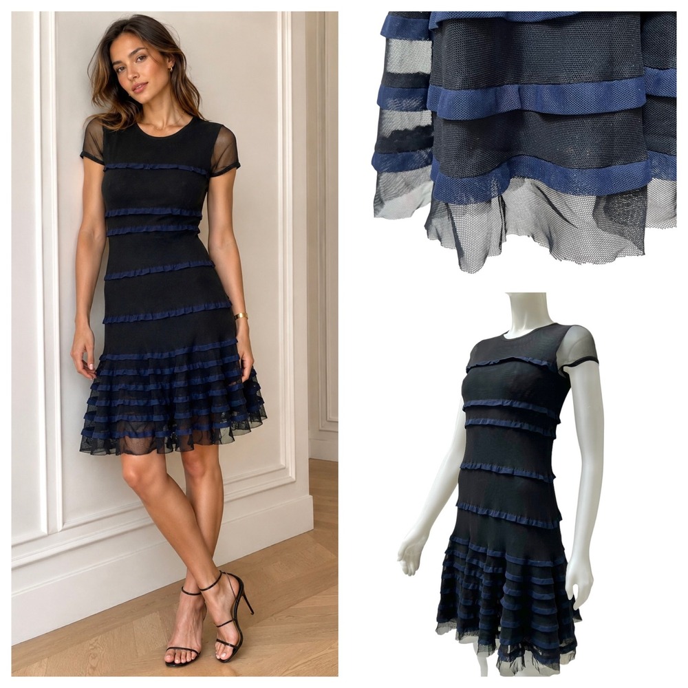 Amelia Toro Barneys New York Navy Black Navy Mesh Tiered Ruffle Dress Size 4 Y2K